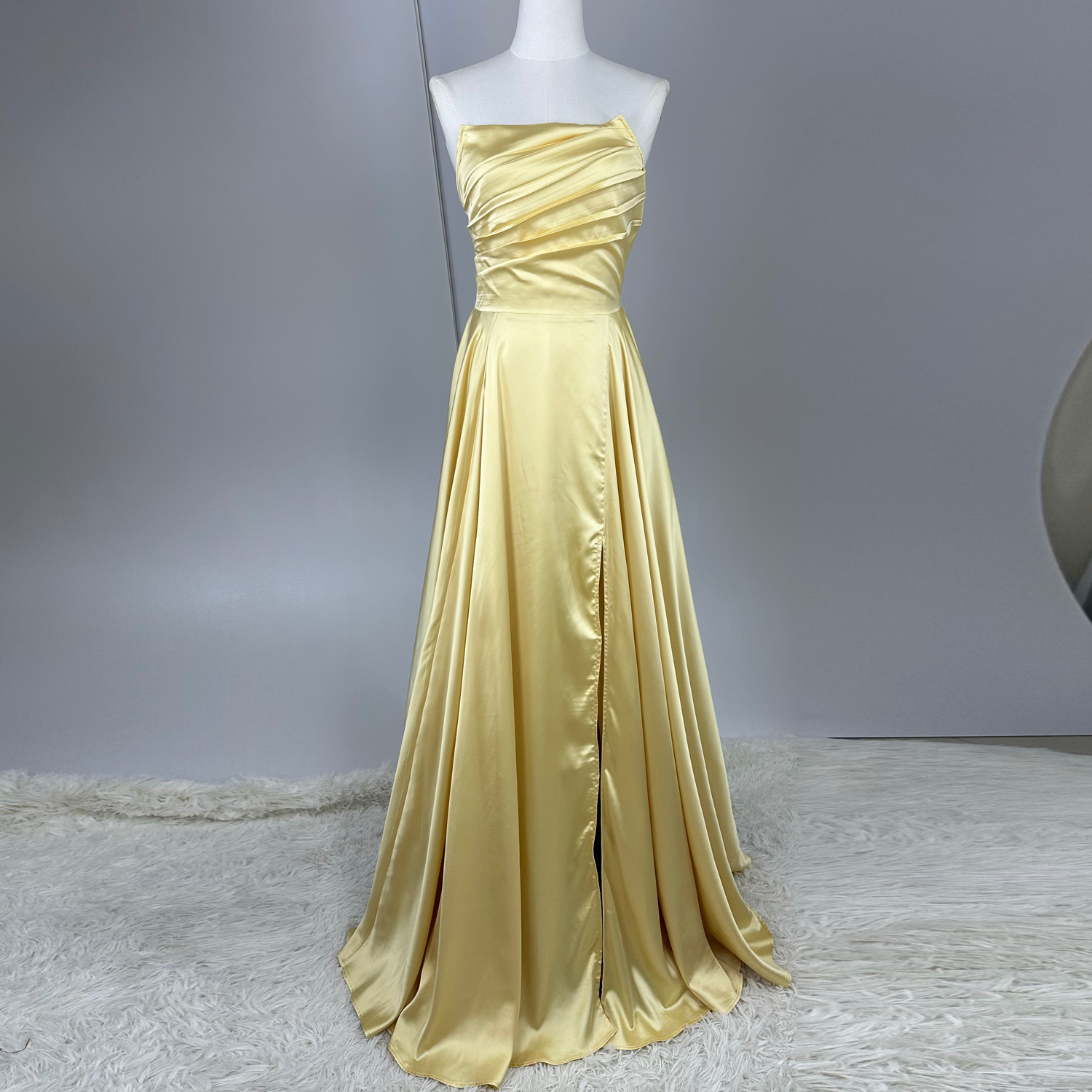Champagne Satin Strapless Evening Gown - Ruched High - Slit Maxi Dress for  Prom & Formal Galas - ZGYESE Party Dresses