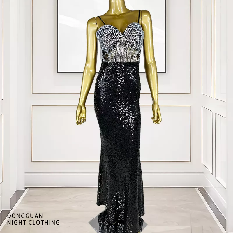 Black Elegant Spaghetti Slip Rhinestone Adorned Form Fitting Mermaid Sequin Gown for Cocktail Party