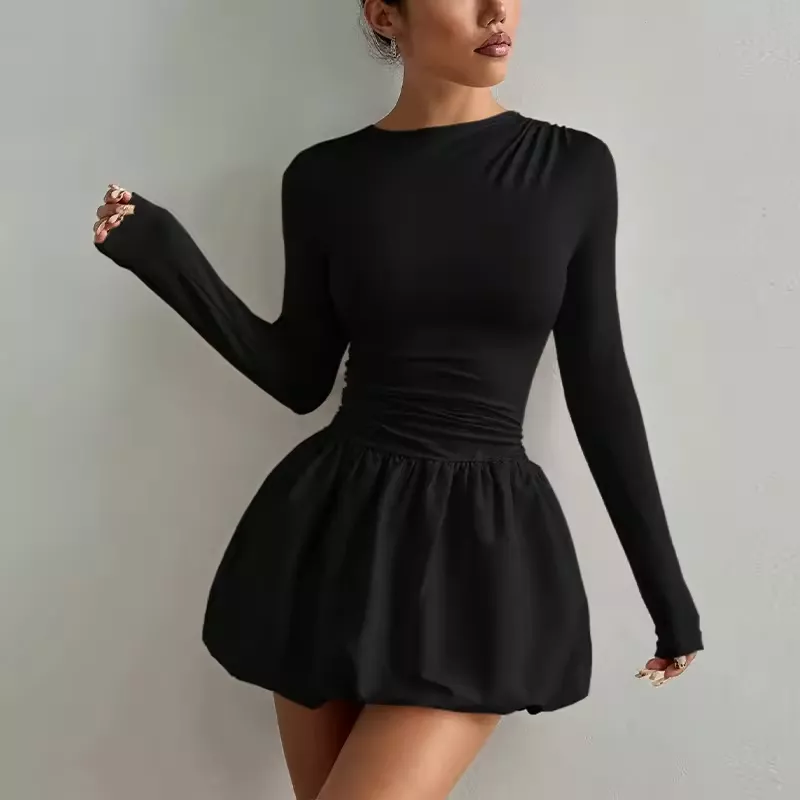 Autumn New European and American Slim Fit Long Sleeved Dress with Elastic Foam, Casual and Natural Mini Dress