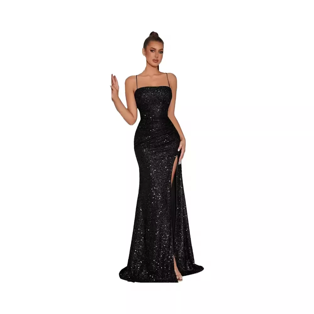 2026Elegant Satin Women's Evening Gown Sequined Spaghetti Strap Long Formal Party Outfit Summer Bodycon Style Empire Waist Available