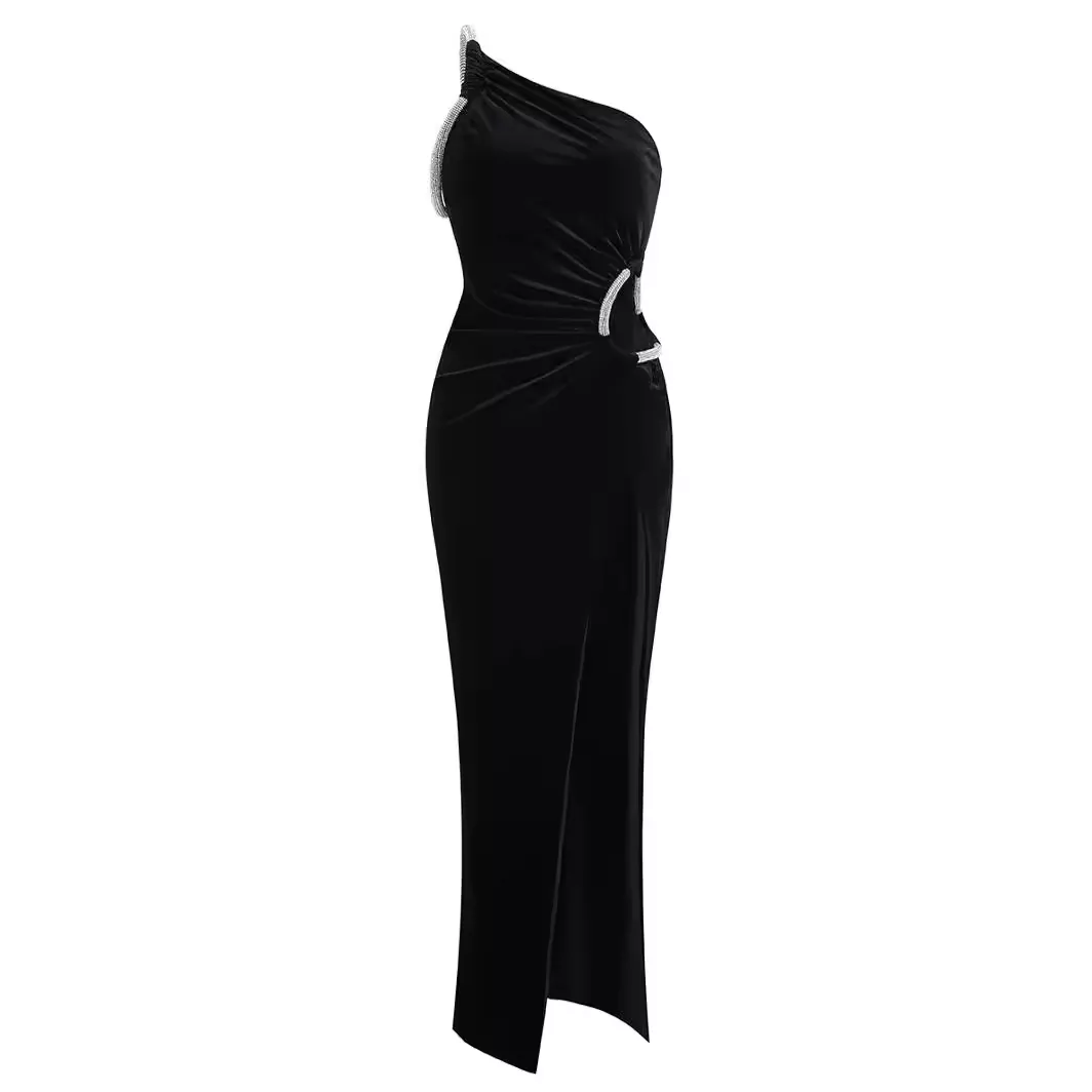 Autumn Winter European American Evening Dress Single Shoulder Sleeveless Asymmetrical Rhinestone Long Skirt Empire Waistline