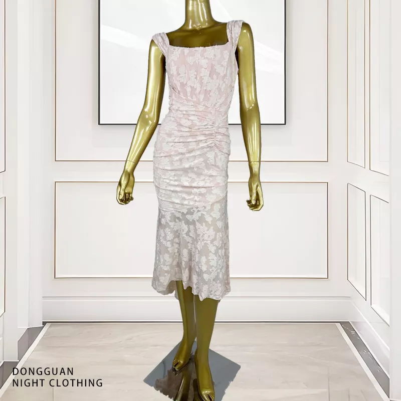 Blush Pink Floral Lace Ruched Evening Gown - Square Neck Sleeveless Mermaid Dress for Prom & Wedding Guest