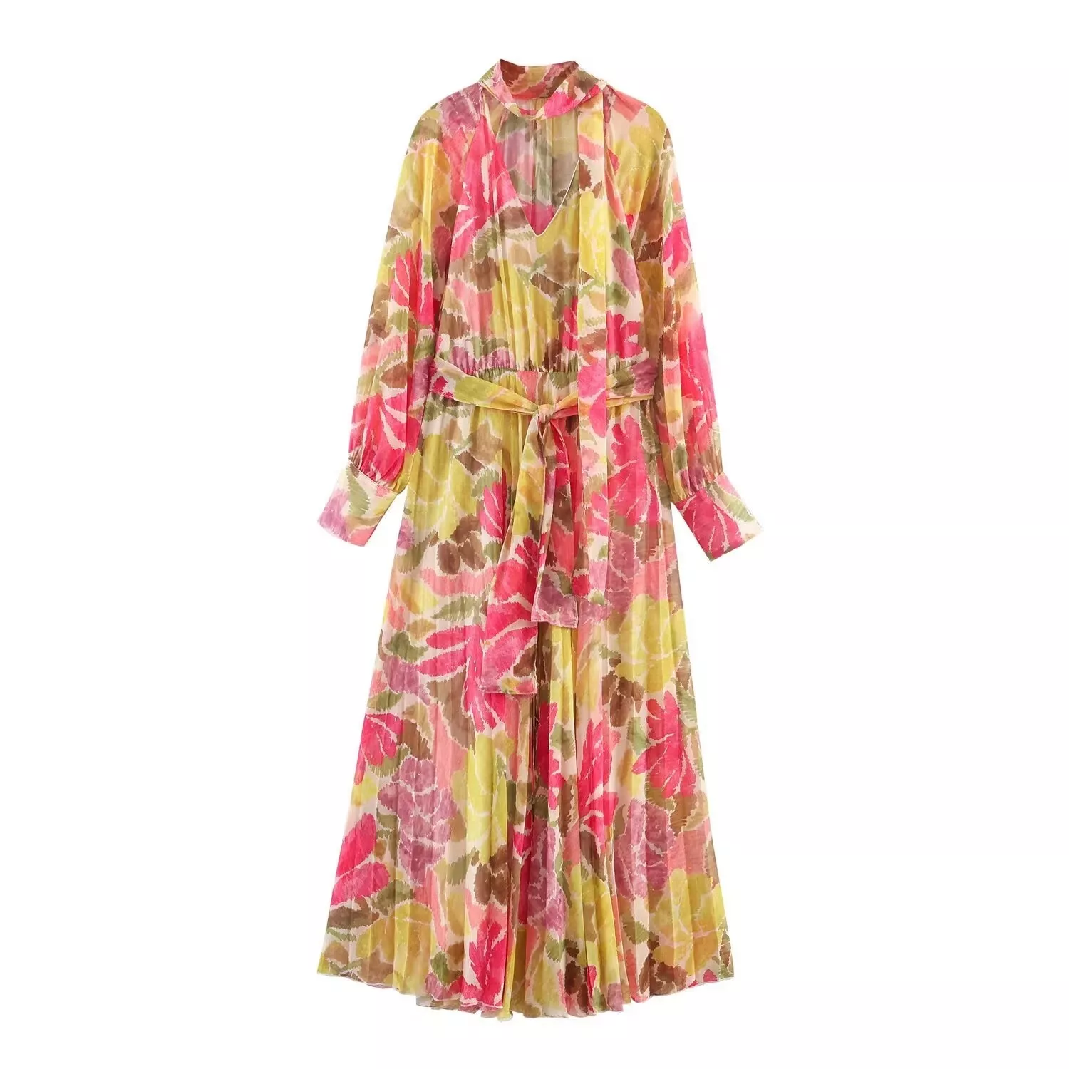 Bohemian Style Floral Print Chiffon Maxi Dress Long Sleeve V-neck with Belt for Vacation and Party OEM/ODM