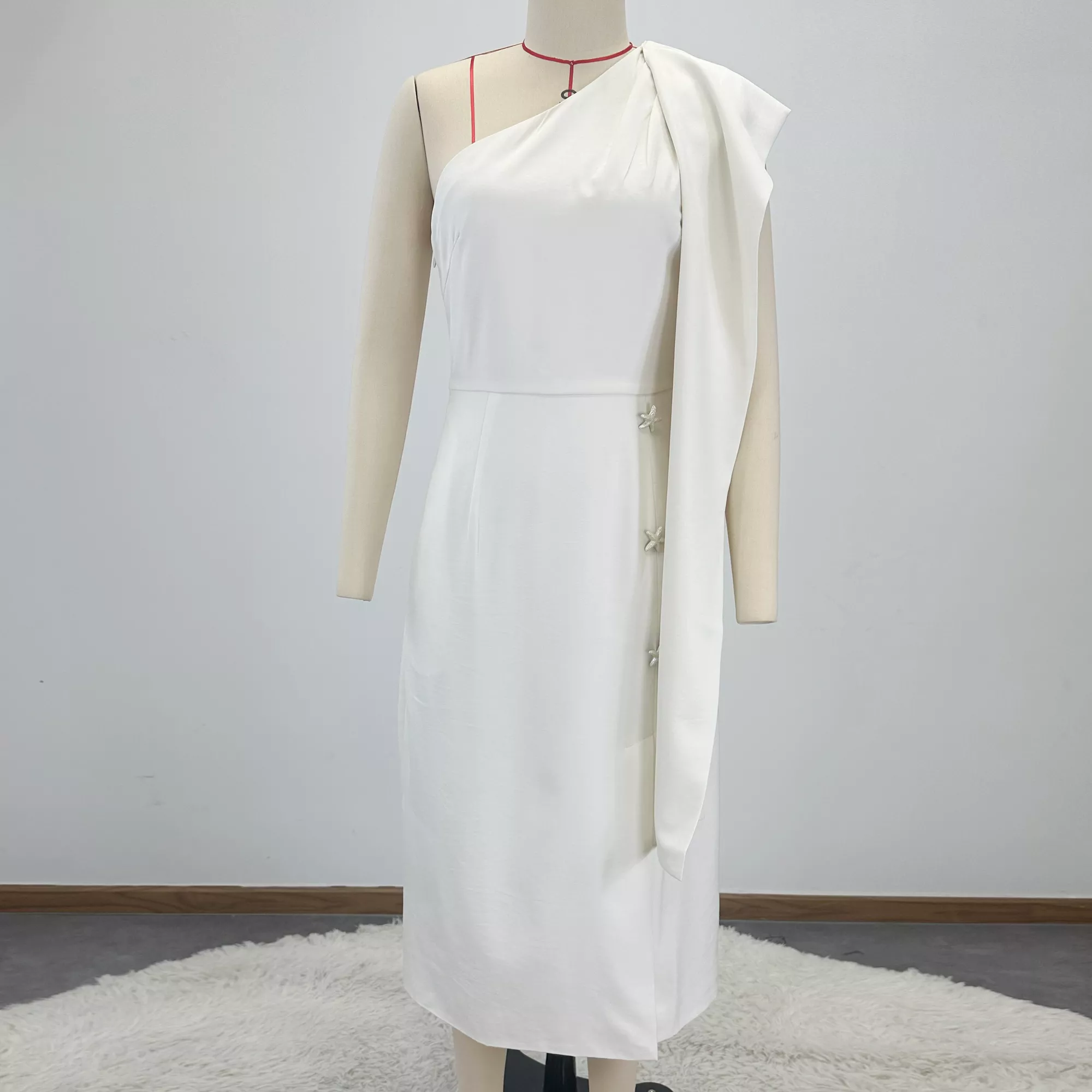 Custom White One Shoulder Midi Dress with Bow & Star Bead Detail Elegant Cocktail Party Dress OEM