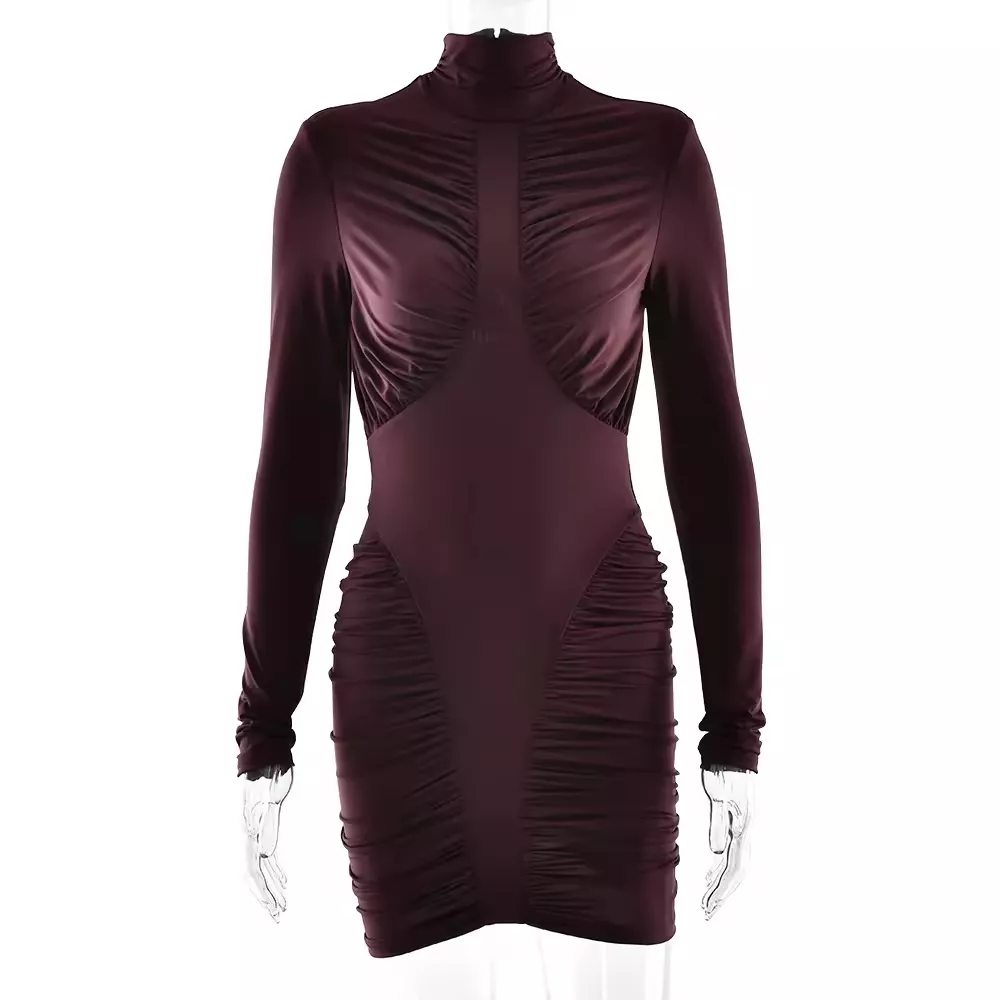 Autumn Winter Turtleneck Leopard Print Chiffon Party Dress Sexy Fashionable Tight-Fitting Backless Natural Waist Tea-Length