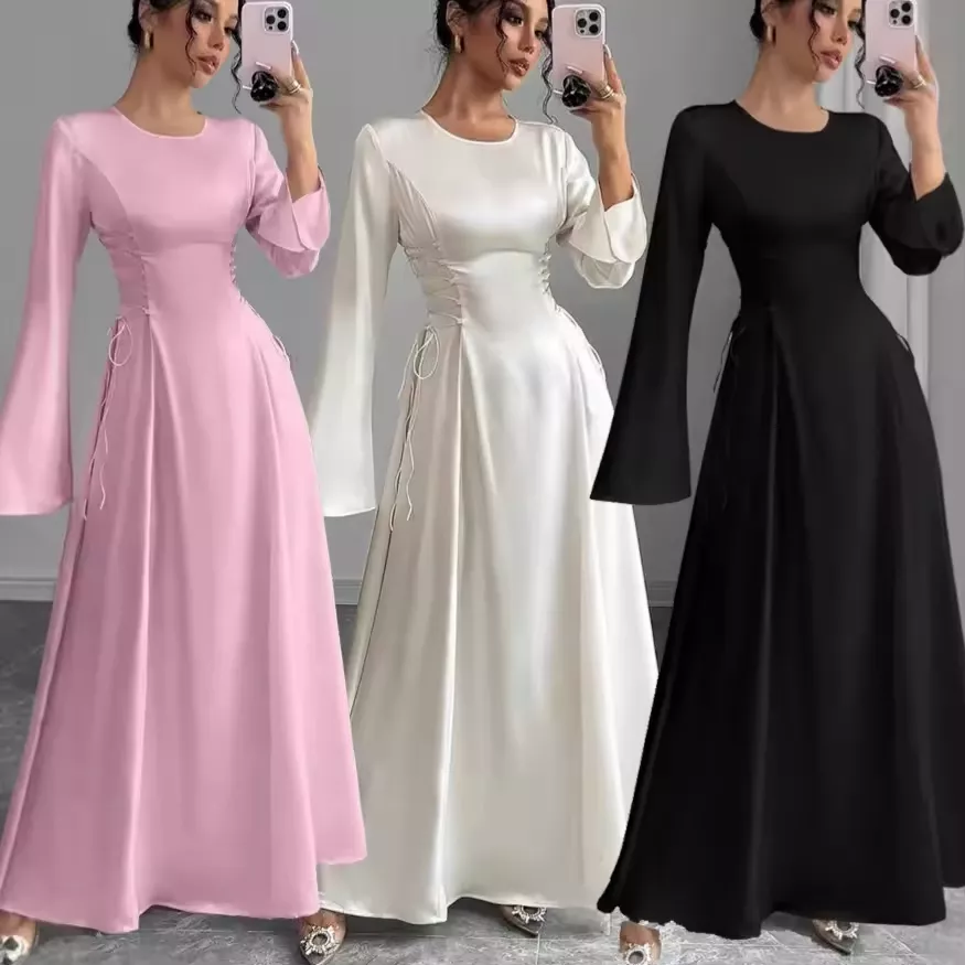 Autumn Winter O-Neck Mini A-Line Party Skirt Women Casual Slim Fit Long Sleeved Spandex/Polyester Woven Solid Pattern Natural