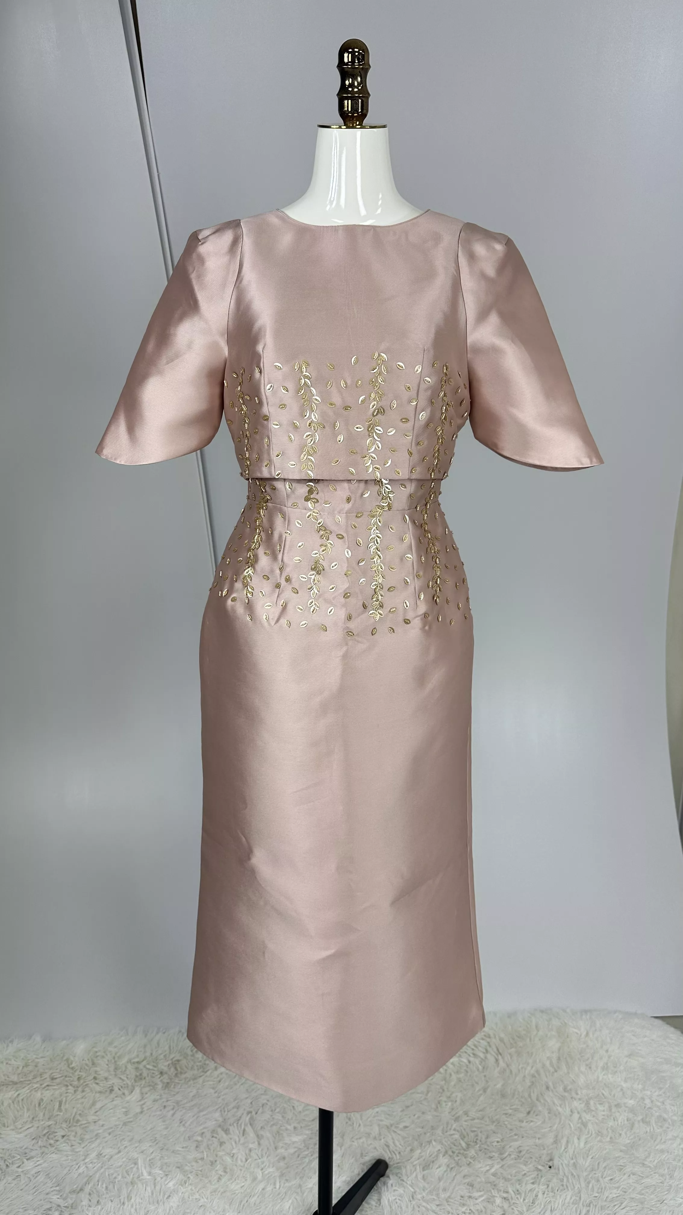 Blush Pink Satin Evening Gown with Gold Embellishments - Short Sleeve Midi Dress for Cocktail & Formal Occasions