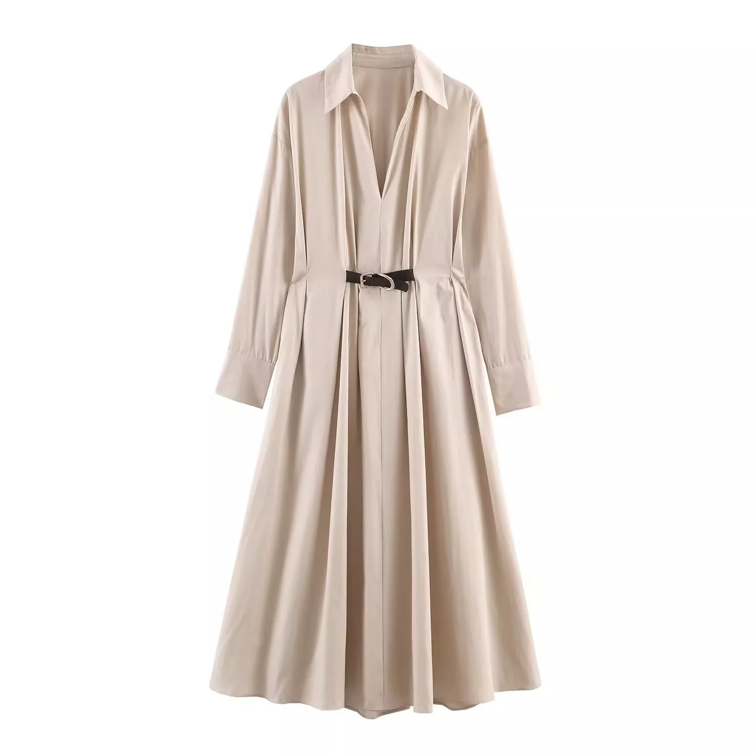 Elegant Beige Office Wear Dress for Women  Spring Belted Long Sleeve Shirt Dress | Business Casual OEM/ODM