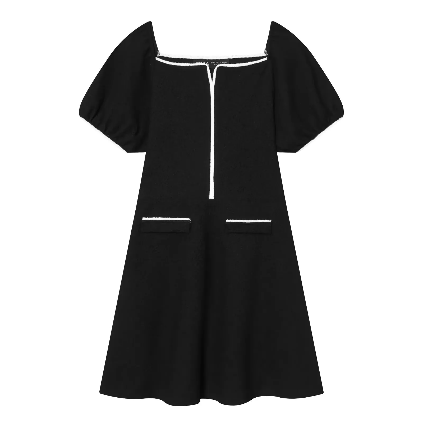 Elegant Black Tweed Party Dress for Women - Square Neck Puff Sleeve Contrast Trim Mini Dress | Cocktail Wear OEM/ODM