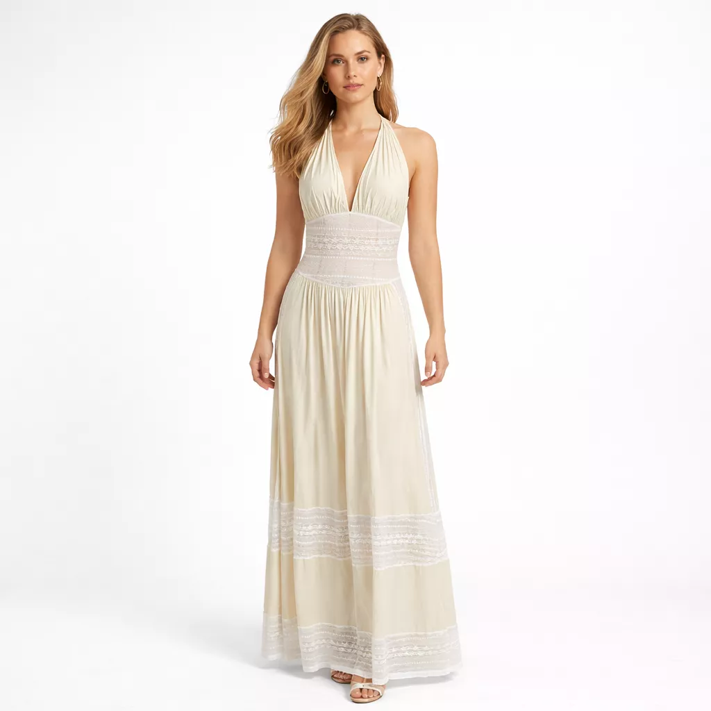 Boho Halter Neck Maxi Dress Lace Waist Crochet Trim Long Dress for Women Casual Vacation Beach Party Dresses