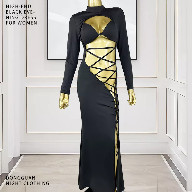 Black Sexy Hollow Out Turtleneck High Slit Tight Fitting with a Built in Bra Club Dress