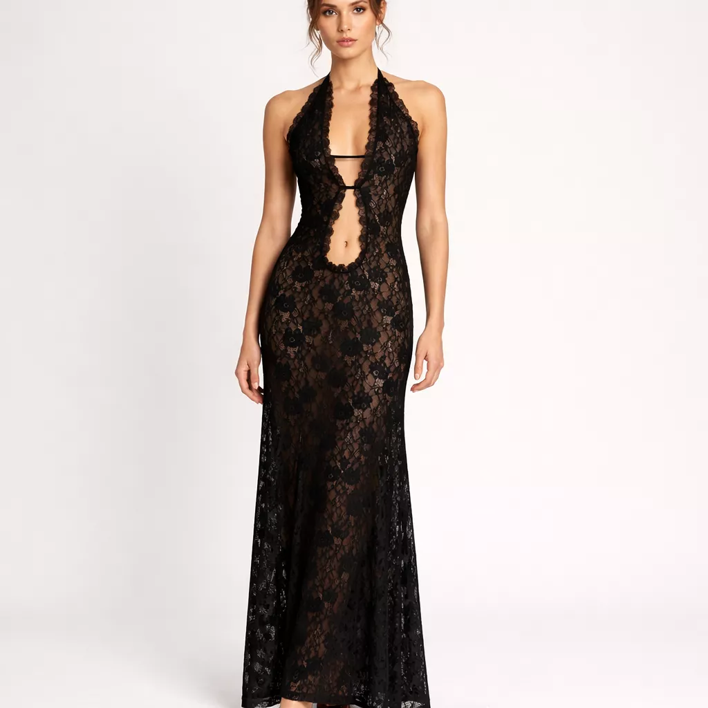 Black Floral Lace Halter Cutout Maxi Dress Women Sheer Mesh Mermaid Evening Gown Backless Slim Bodycon Party Club Long Dress