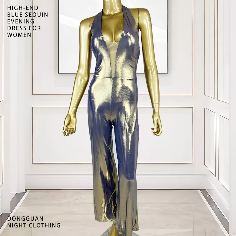 Designer Style Laser Color-changing Low Cut Deep V Halter Neck Backless Tight Jumpsuit for Night Clu