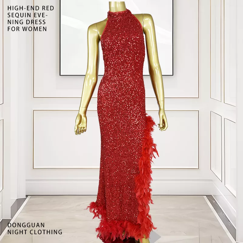 Elegant Red Halter Neck Backless Dress with a Waist Cinching Irregular Feather Bottom Sequins Dress