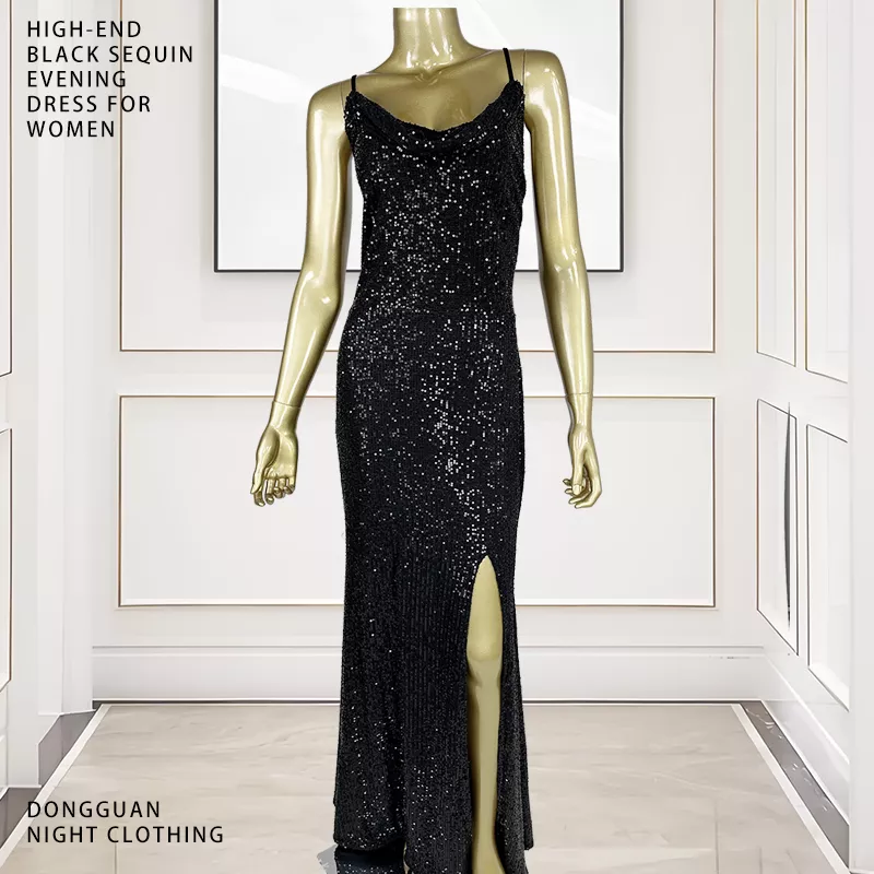 Designer Style Black Low Cut Cowl Neck Slim Fit with Spaghetti Slip and Open Back Sequins Dress
